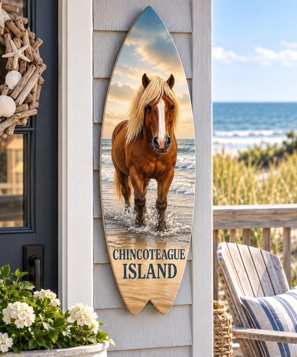 Chincoteague Island Surfboard Wall Art: Riptide Stallion Horse & Oysters