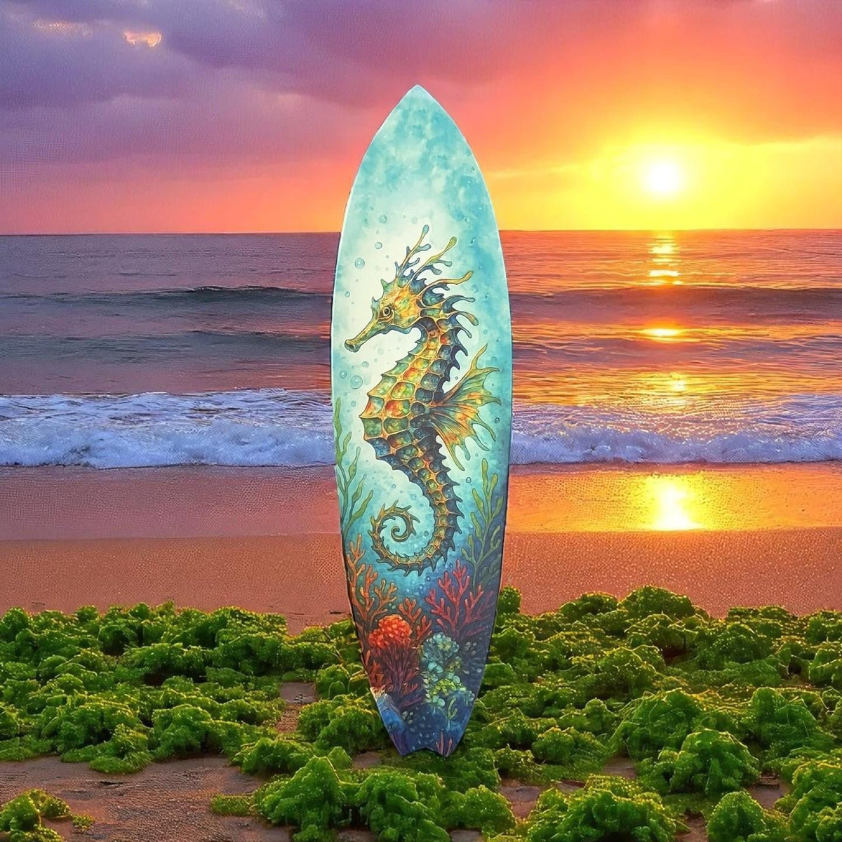 Seahorse Surfboard Wall Art, Coastal PVC Beach Decor, Ocean Theme, 1 FT-5 FT