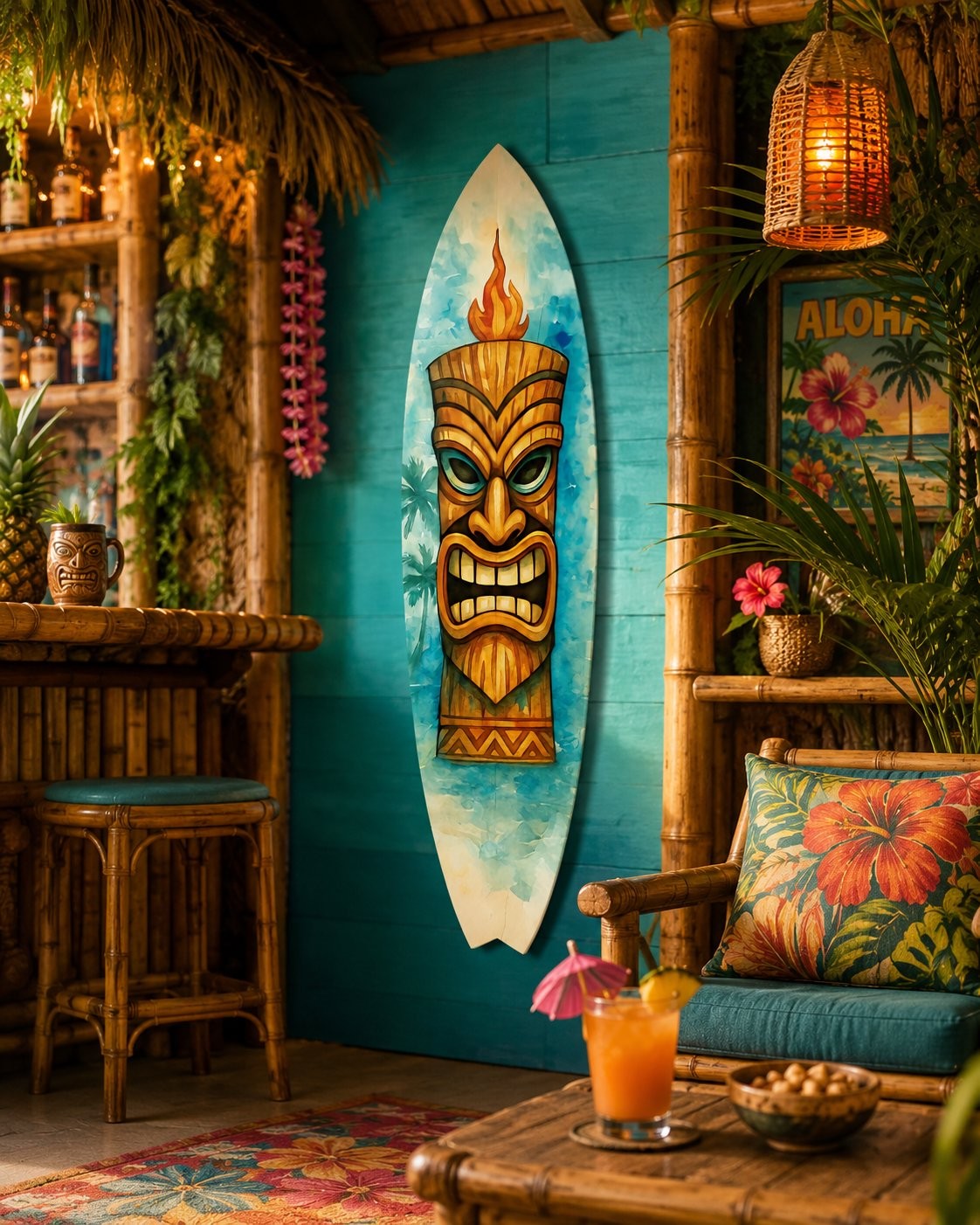 Tiki Mask Surfboard, Indoor Outdoor Decor