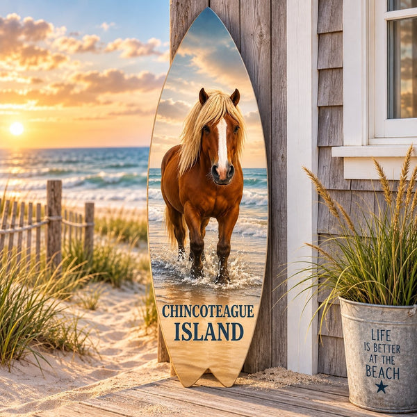 Chincoteague Island Surfboard Wall Art: Riptide Stallion Horse & Oysters