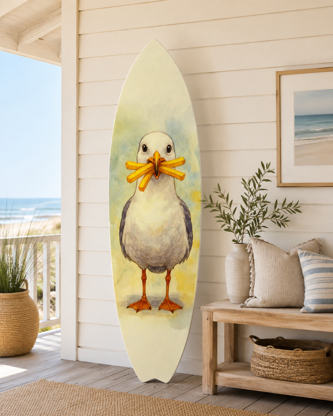 A decorative surfboard leaning against a white shiplap wall on a porch, featuring a painted seagull with an orange beak holding a yellow sunflower. A wooden bench with pillows, a potted plant, and a beach view are visible in the background.