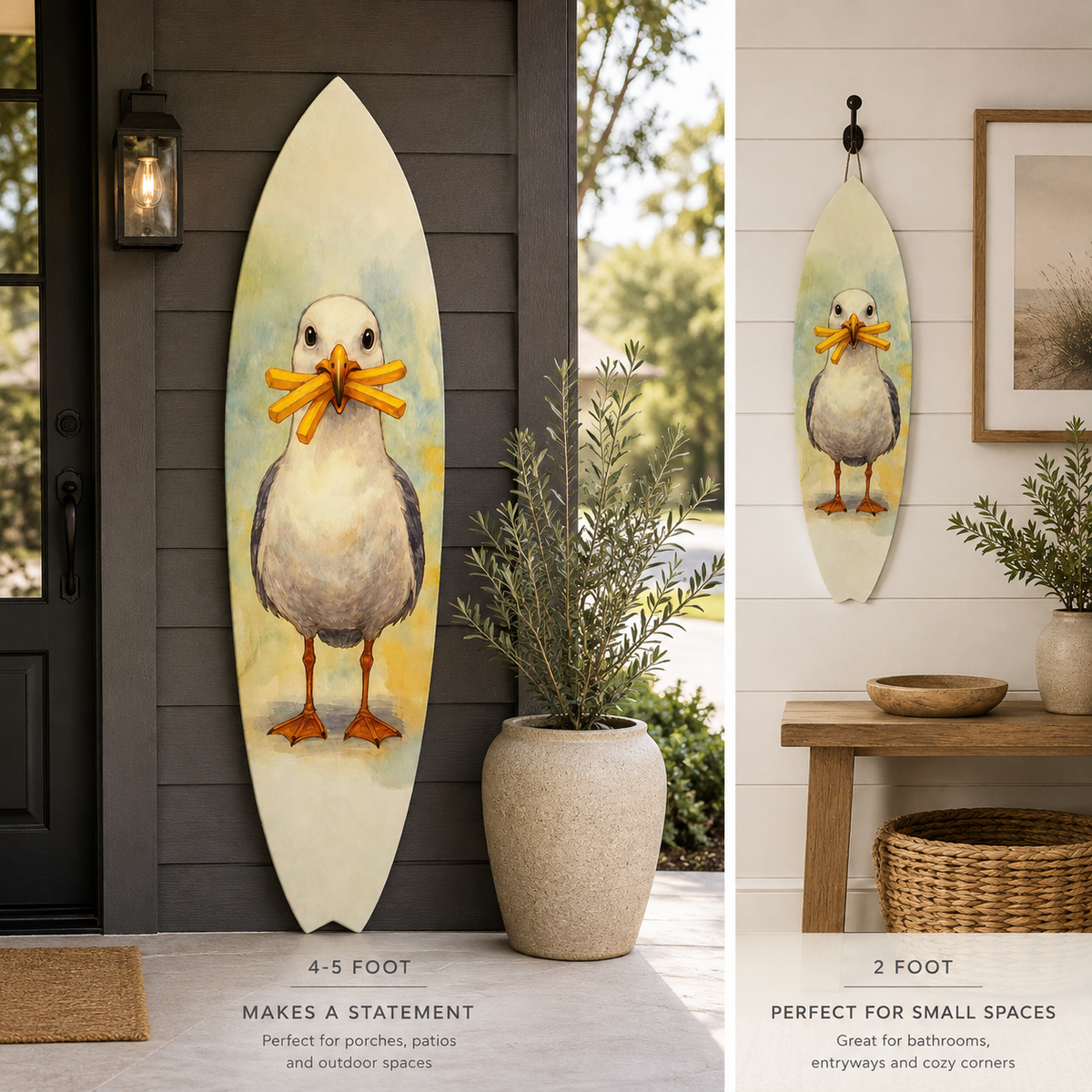 Two views of a decorative surfboard wall hanging with a painted seagull holding orange corn, shown in a home entryway setting and a smaller version mounted on a wall above a bench.