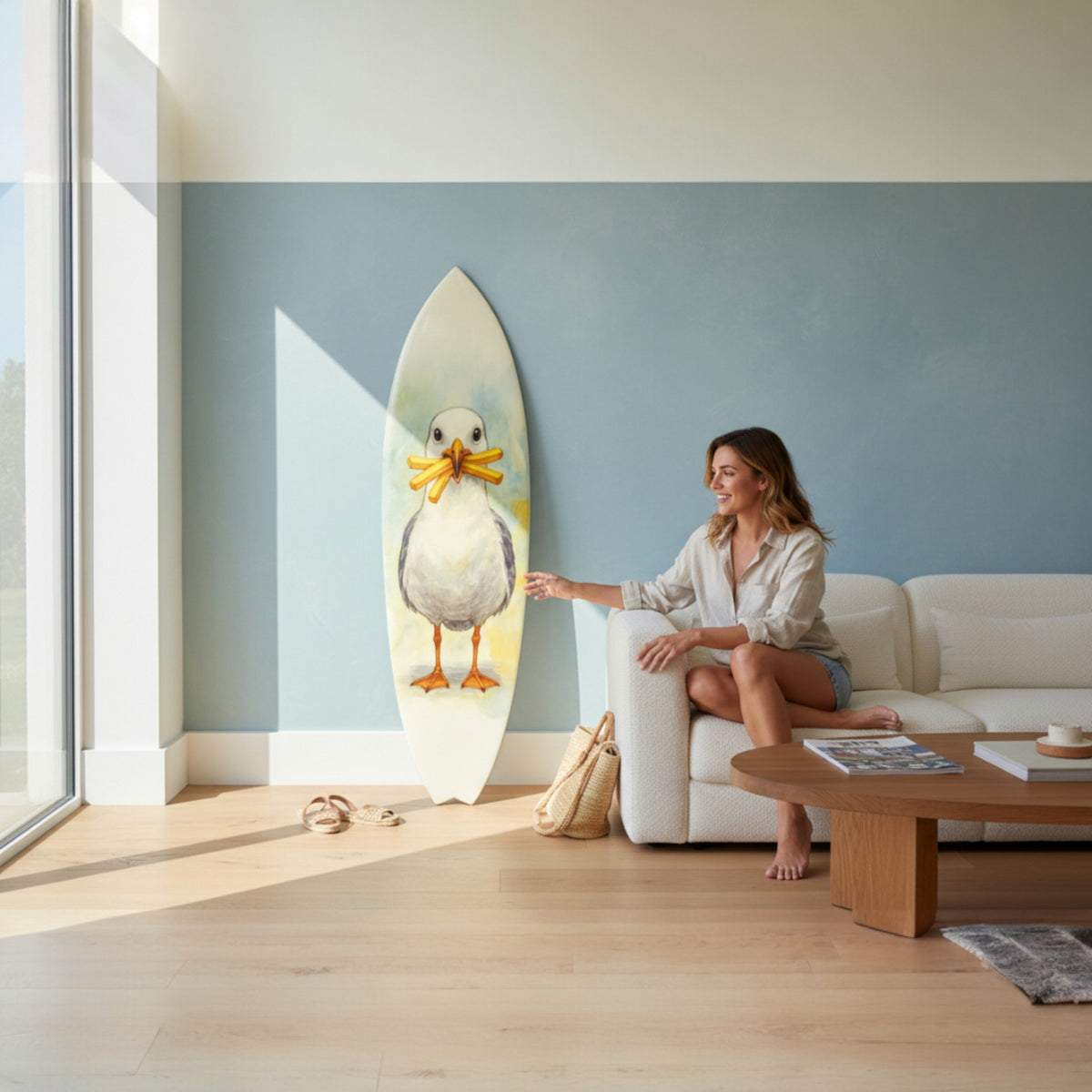 Woman sitting on a couch next to a surfboard with a duck design in a modern living room.