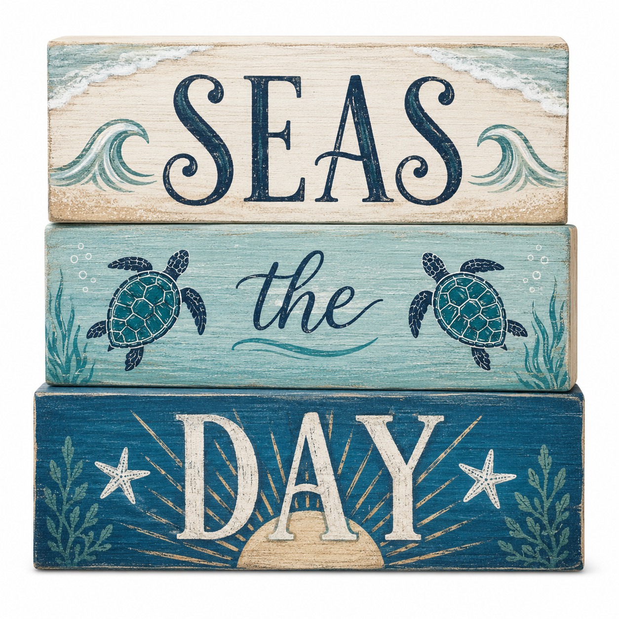 Seas the Day Coastal Wood Block Set – 3-Piece Beach Decor, Nautical Home Accent for Shelf, Desk, or Table