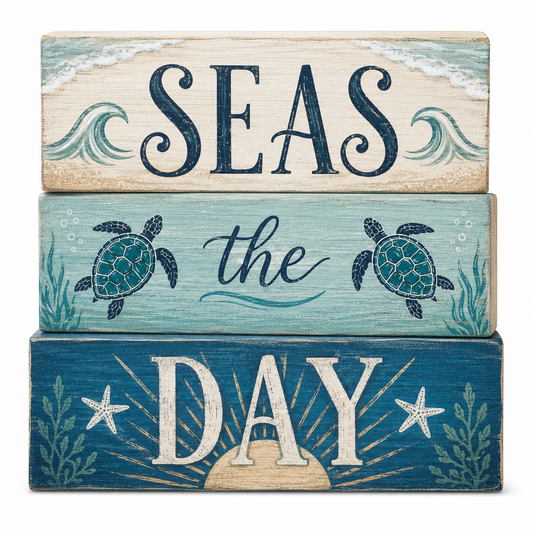 Seas the Day Coastal Wood Block Set – 3-Piece Beach Decor, Nautical Home Accent for Shelf, Desk, or Table