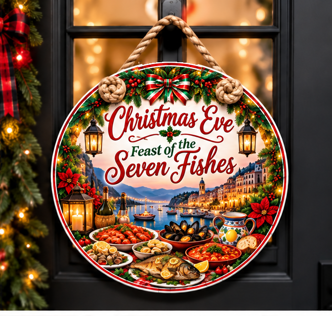 Feast of the Seven Fishes Christmas door hanger on a front door; printed bow fully inside the circle, with two front rope knots.
