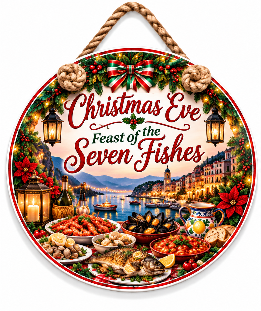 Feast of the Seven Fishes round door hanger on white; printed red, white and green bow fully within the circular board edge.
