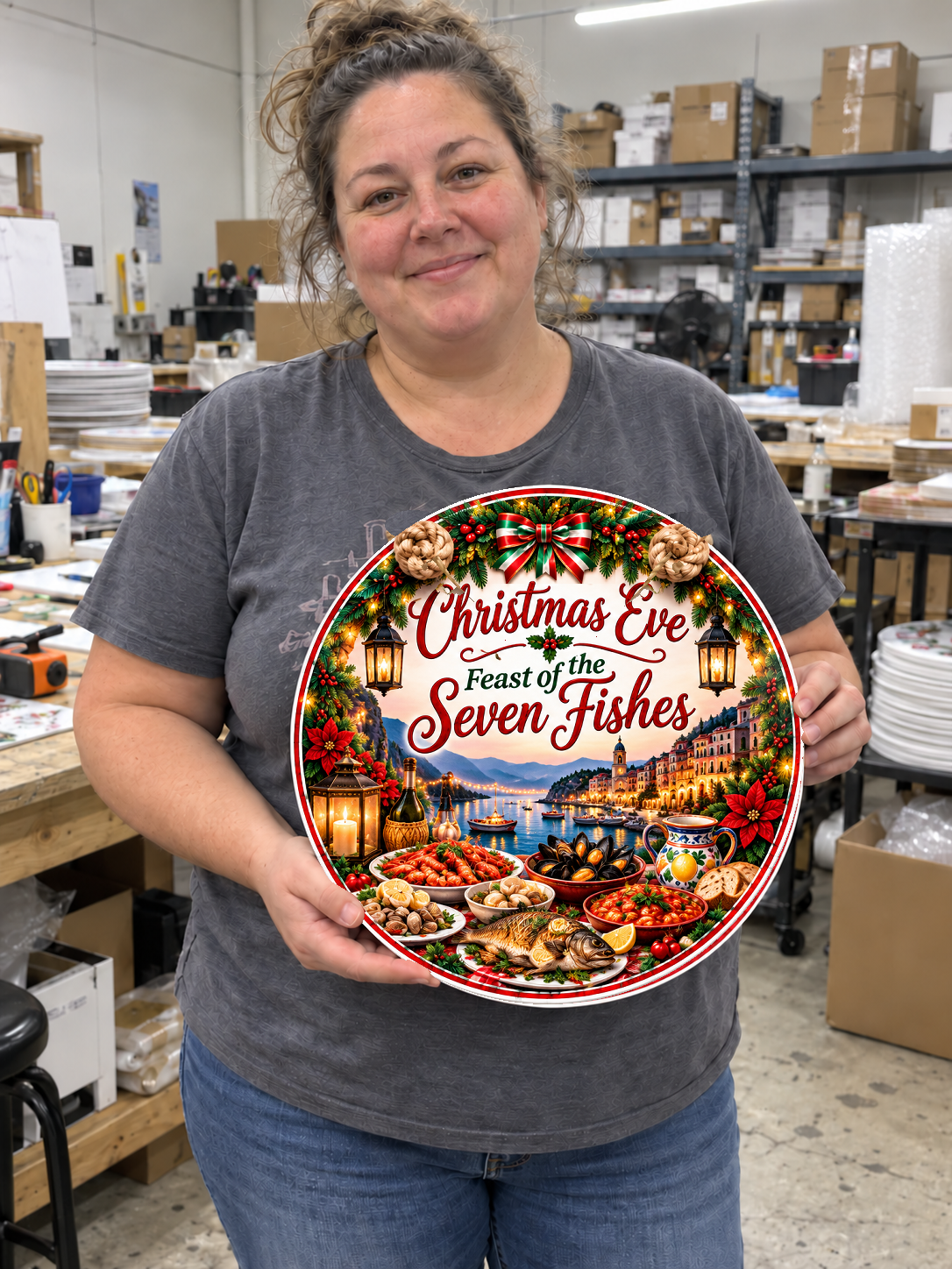 Feast of the Seven Fishes round door hanger held in a warehouse setting; printed bow fully inside the circular edge.