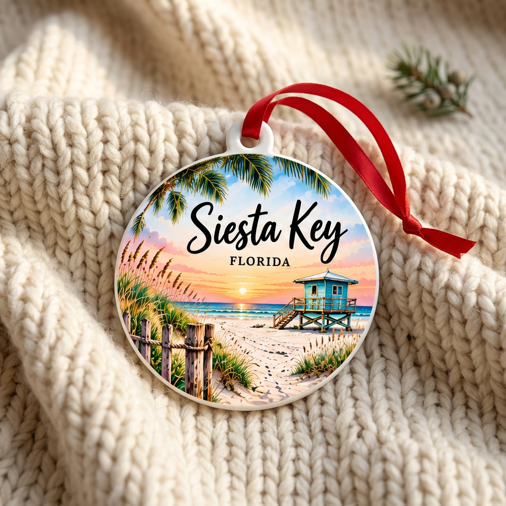Siesta Key ornament on an ivory knit blanket