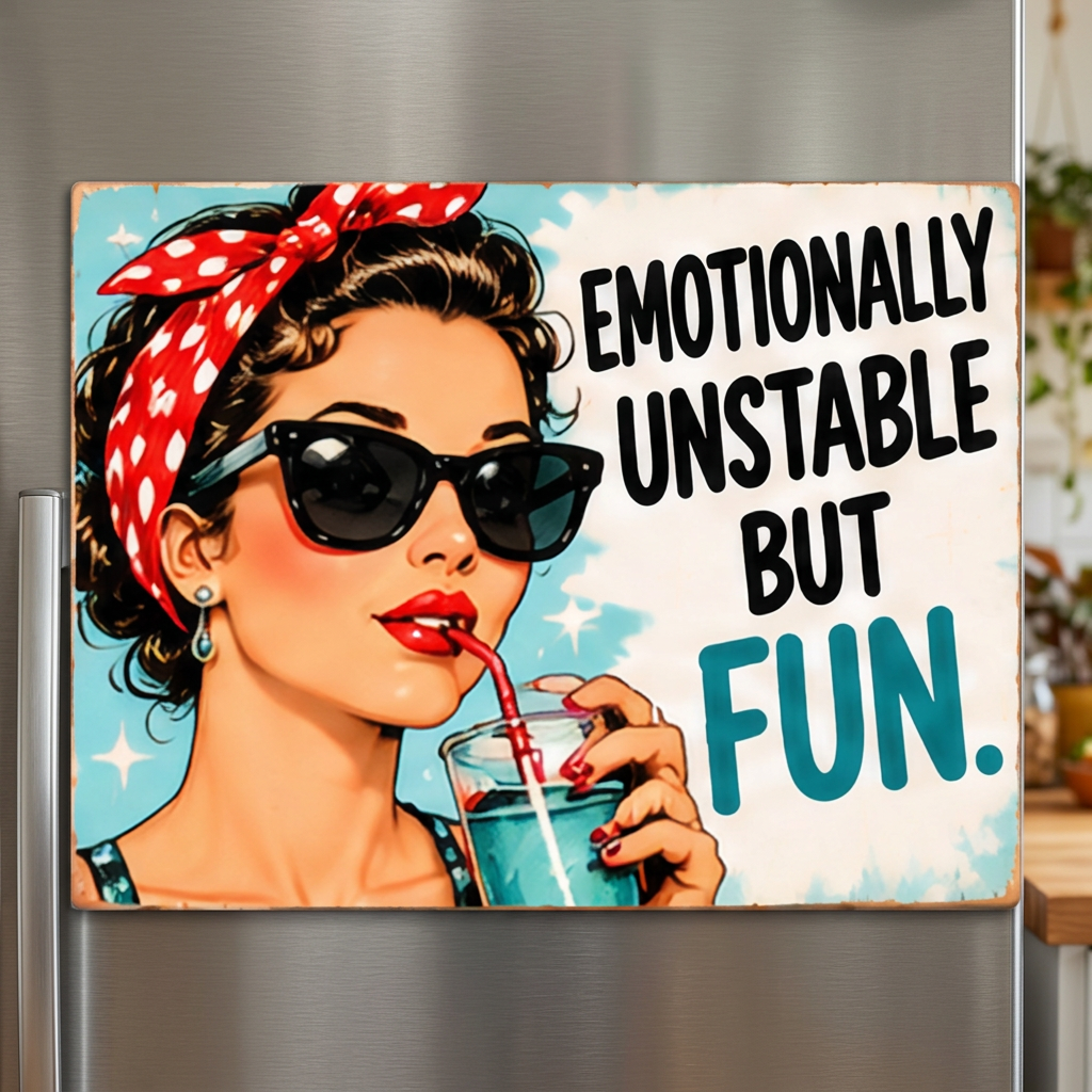 Straight-on fridge lifestyle image of the Emotionally Unstable But Fun magnet