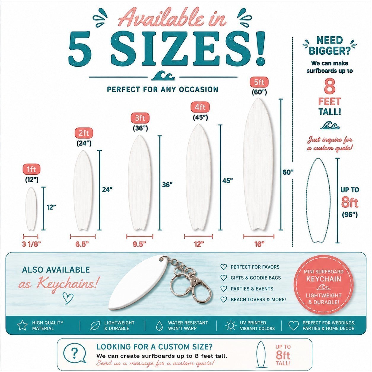 surfboard wall art size guide showing dimensions from 1ft to 8ft and keychain options