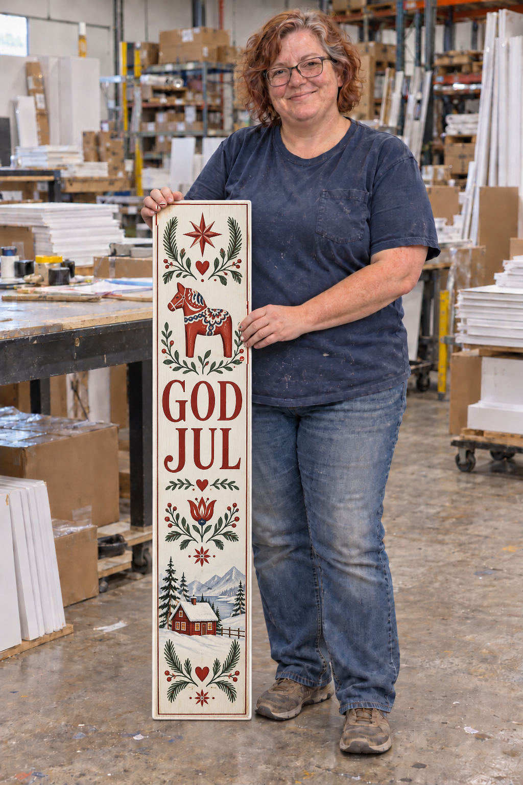 swedish porch board with original listing artwork composited unchanged into warehouse worker photograph