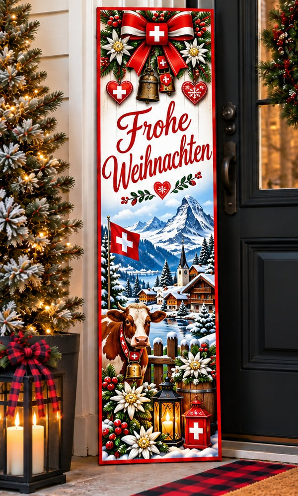 Swiss Alpine Christmas porch board displayed beside front door