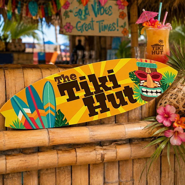 Tiki Hut Surfboard Sign: Tropical Beach Bar Wall Art