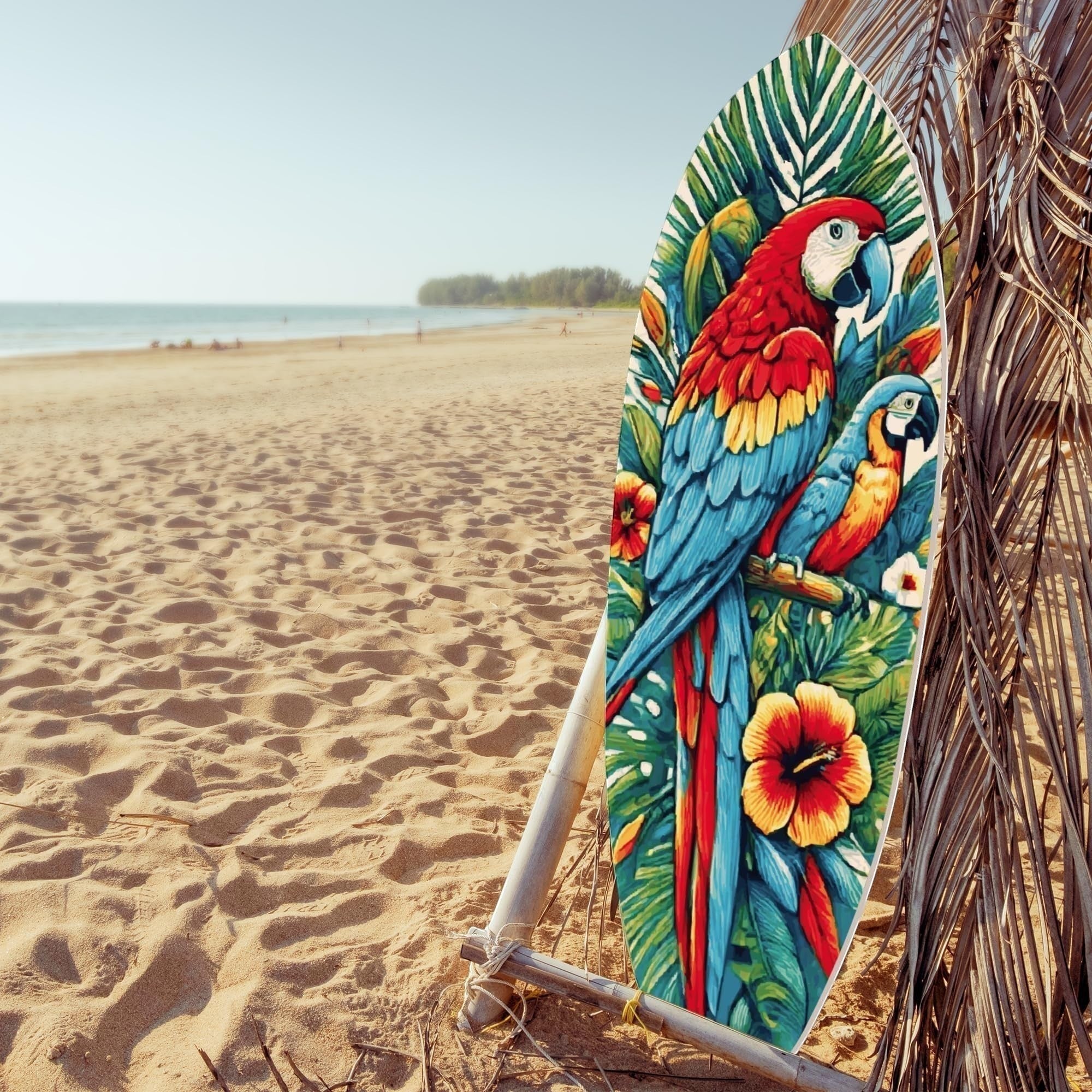 tropical parrot surfboard wall art with colorful macaws and hibiscus on a sandy beach.