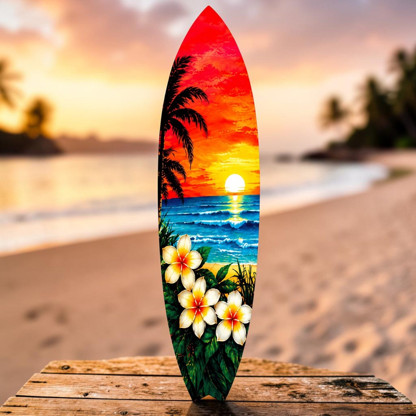 Tropical Surfboard with Palm Trees and Plumeria Flowers