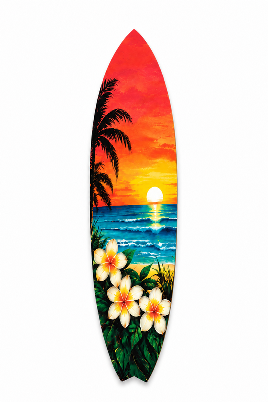 Tropical Surfboard with Palm Trees and Plumeria Flowers