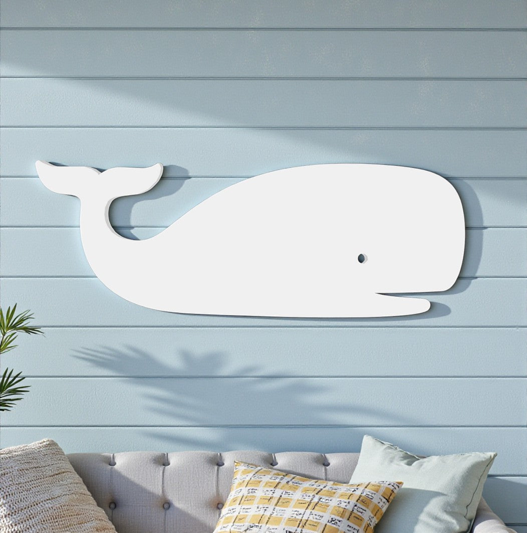 Outdoor White PVC Whale Beach House Wall Art, Coastal Whale Sign