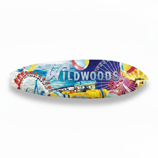 decorative surfboard wall art featuring a colorful Wildwoods new jersey boardwalk graphic.